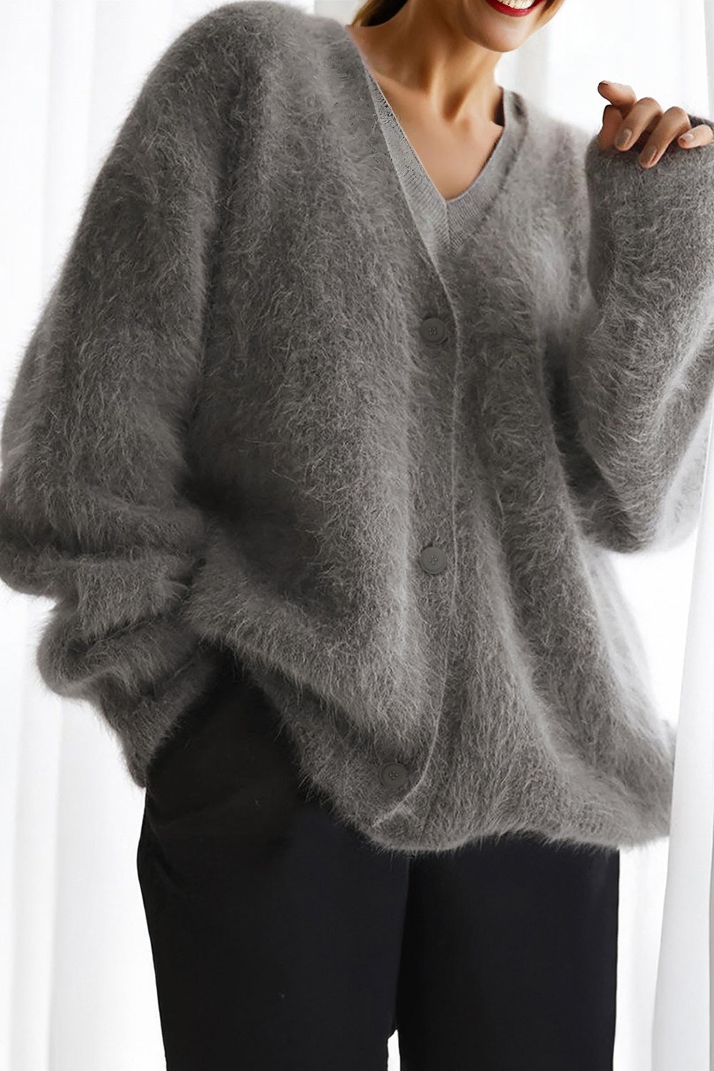 Philippine Gray V Neck Button Down Fuzzy Knit Mohair Sweater Cardigan