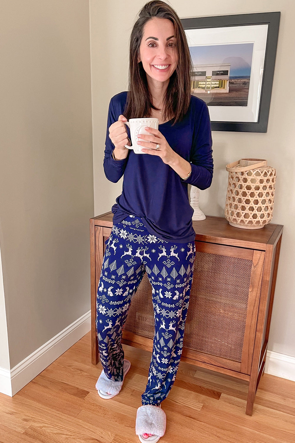 Blue Solid Top and Christmas Pants Lounge Set