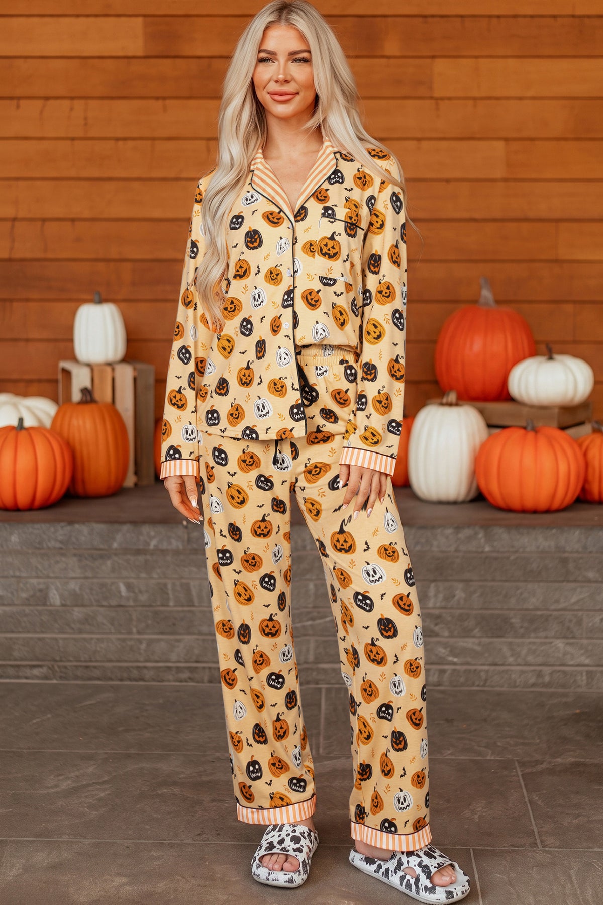 Orange Halloween Pumpkin Print Long Sleeve Lounge Set