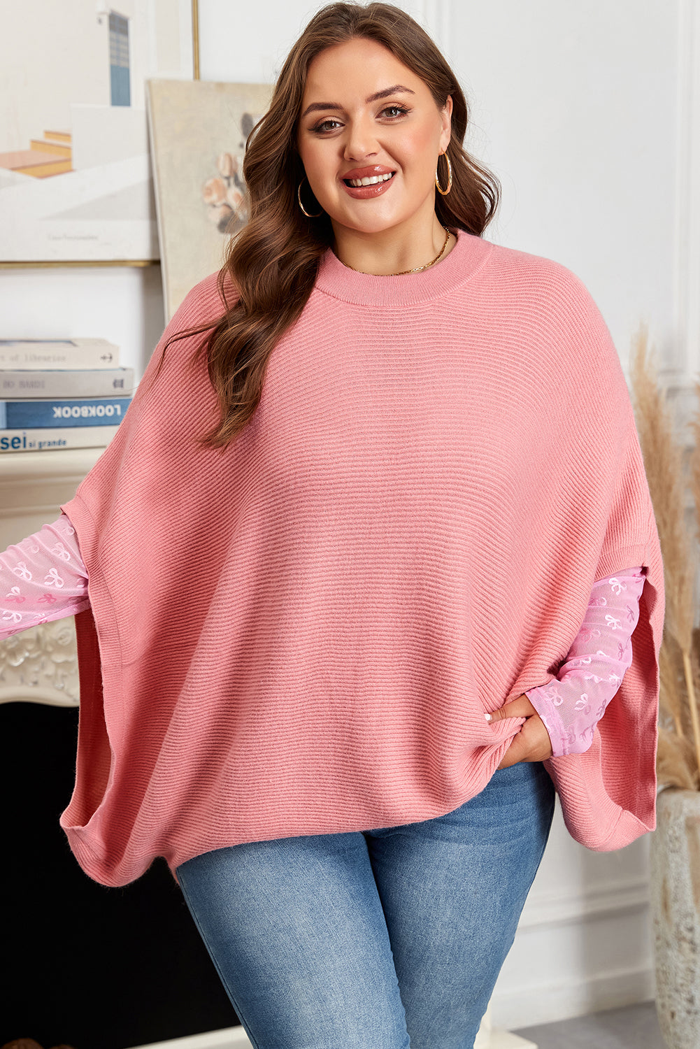 Light Pink Ribbed Knit Half-Sleeve Plus Size Poncho Style Sweater