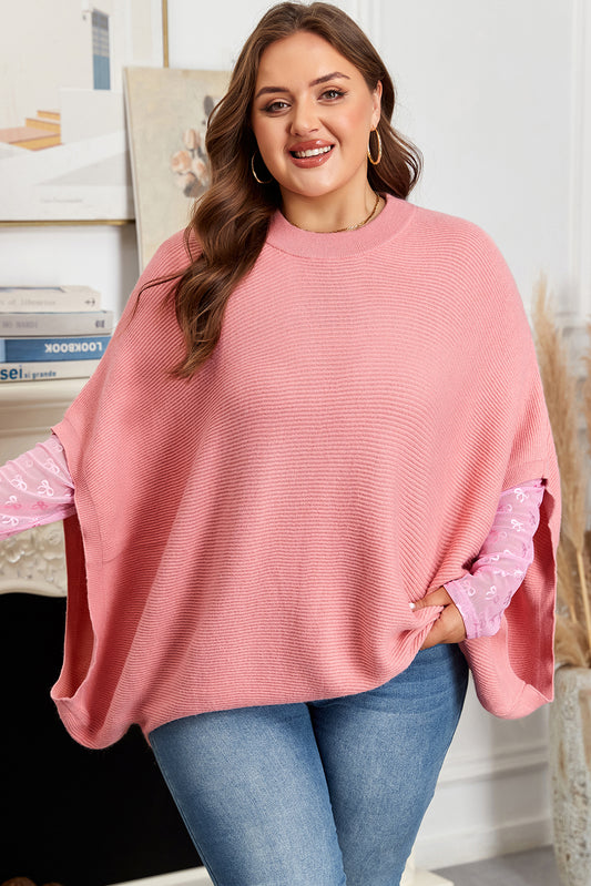Light Pink Ribbed Knit Plus Size Poncho Style Sweater
