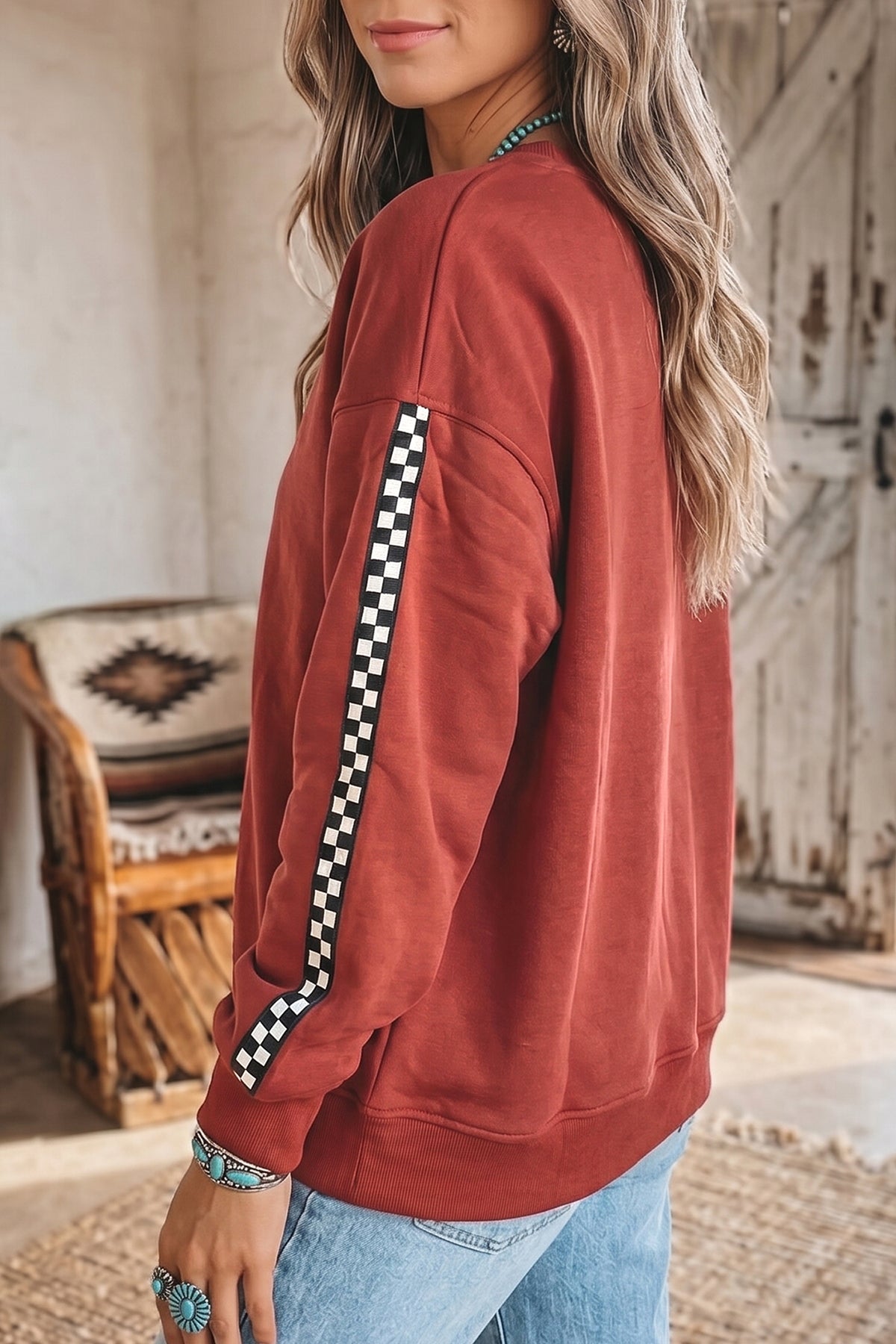 Mineral Red Checkered Trim Long Sleeve Shift Sweatshirt