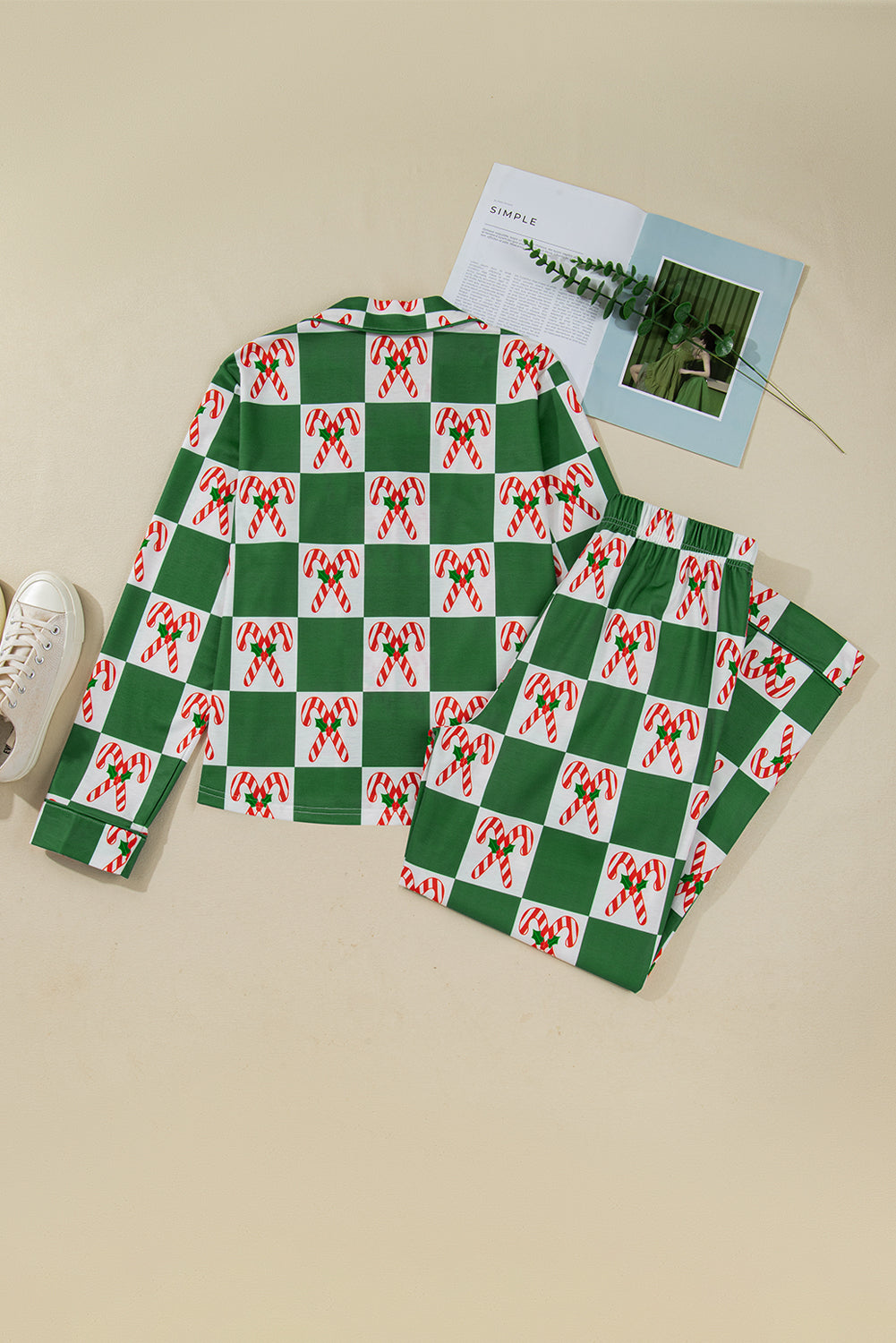 Green Holly Jolly Checkered Pattern Long Pajama Set