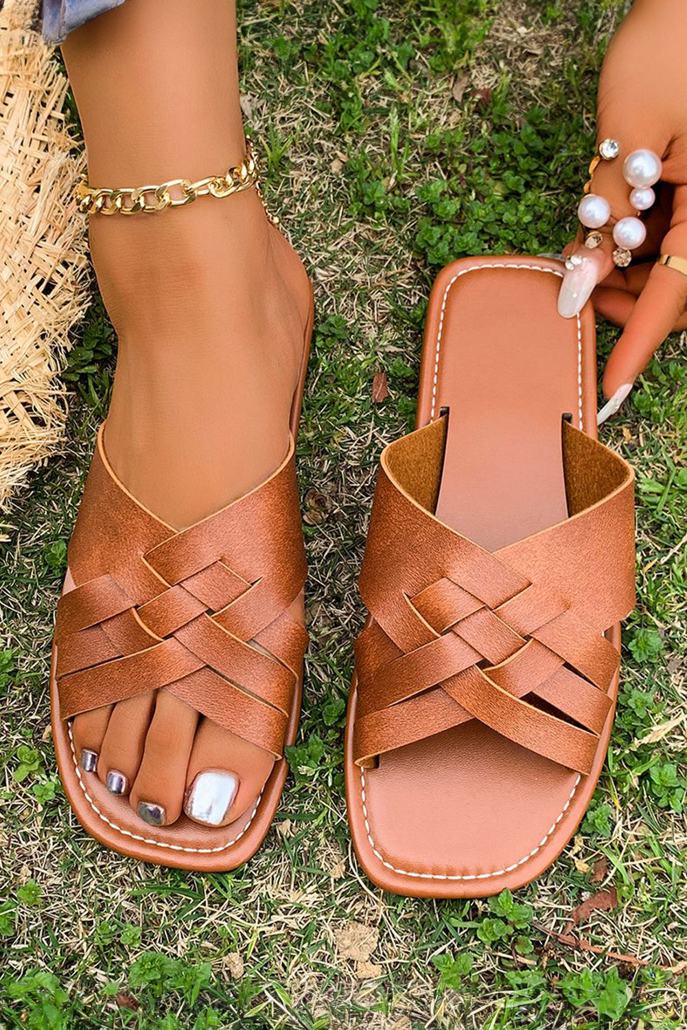 Coffee Crossed Woven Faux Leather Flat Fashion Sandals