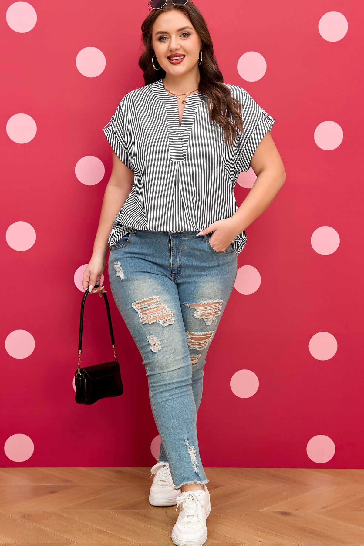 Black Stripe Plus Size V-Neck Roll-tab Short Dolman Sleeve Blouse