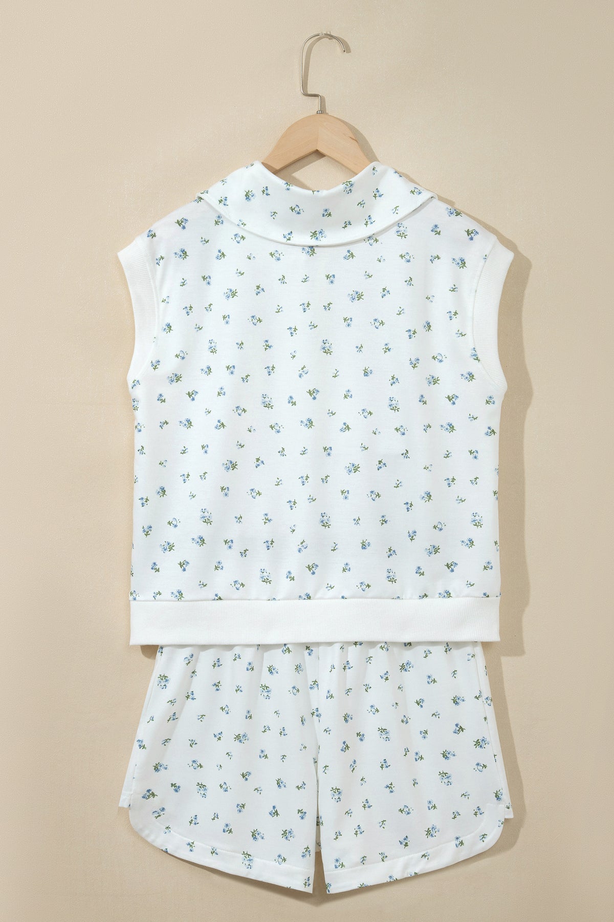 Women's White Floral Print Half Zip Top Matching Shorts Set