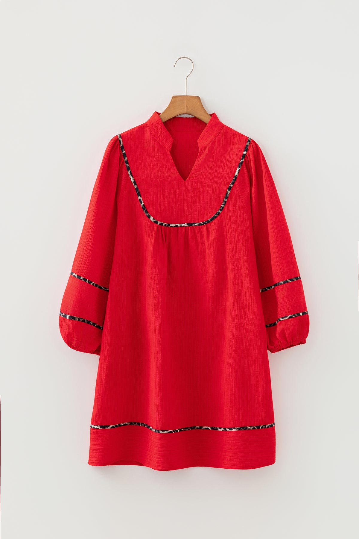 Fiery Red Textured V Neck Leopard Trim Long Sleeve Shift Mini Dress