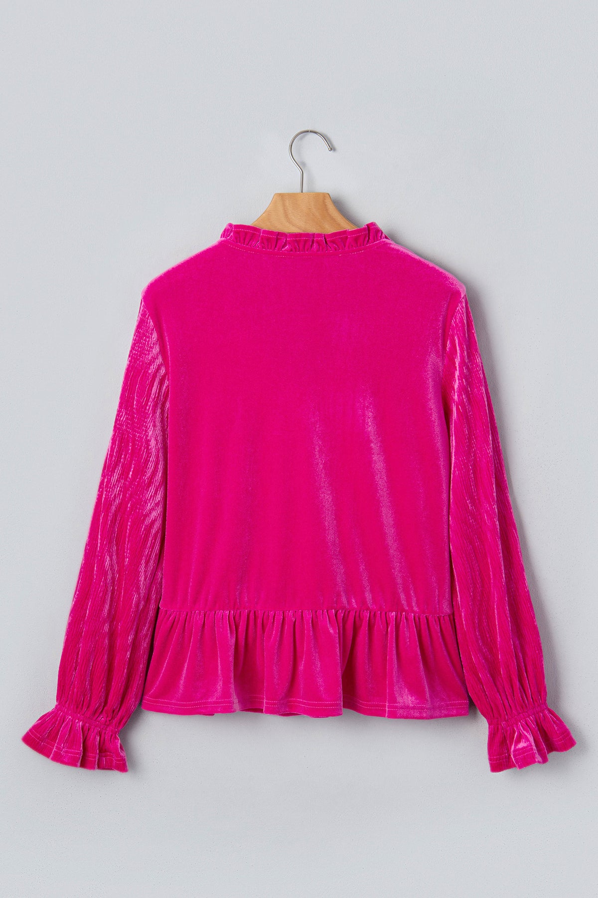 Strawberry Pink V Neck Velvet Ruffled Cuffs Hem Top