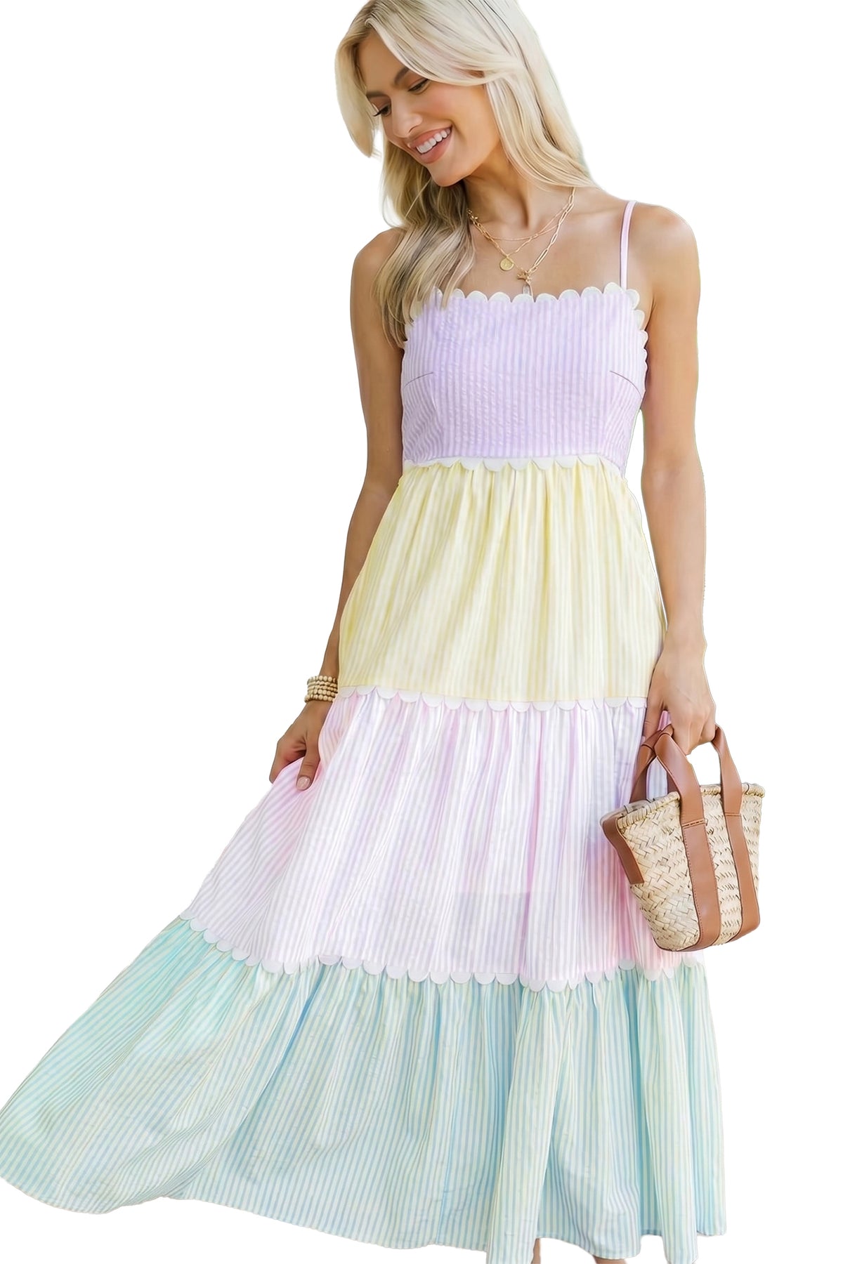 Multicolour Striped Colorblock Adjustable Strap Scalloped Long Dress