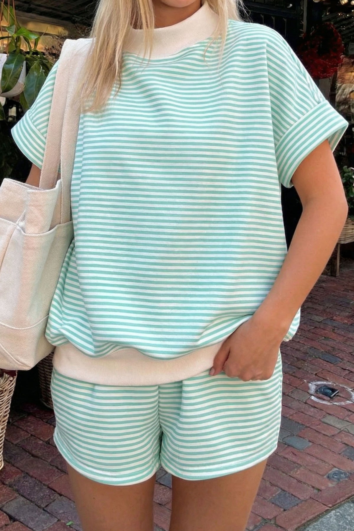 Women's Sky Blue Stripe Cuffed Sleeve Contrast Mock Neck Tee Two-Piece Shorts Two-Piece Set