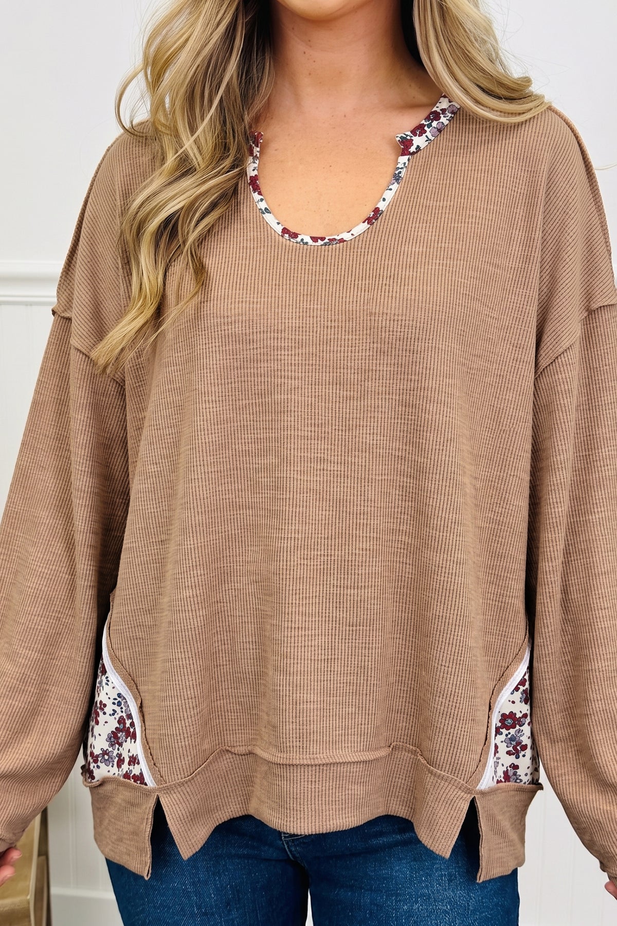 Light Beige Floral Trim U Neck Tunic Top