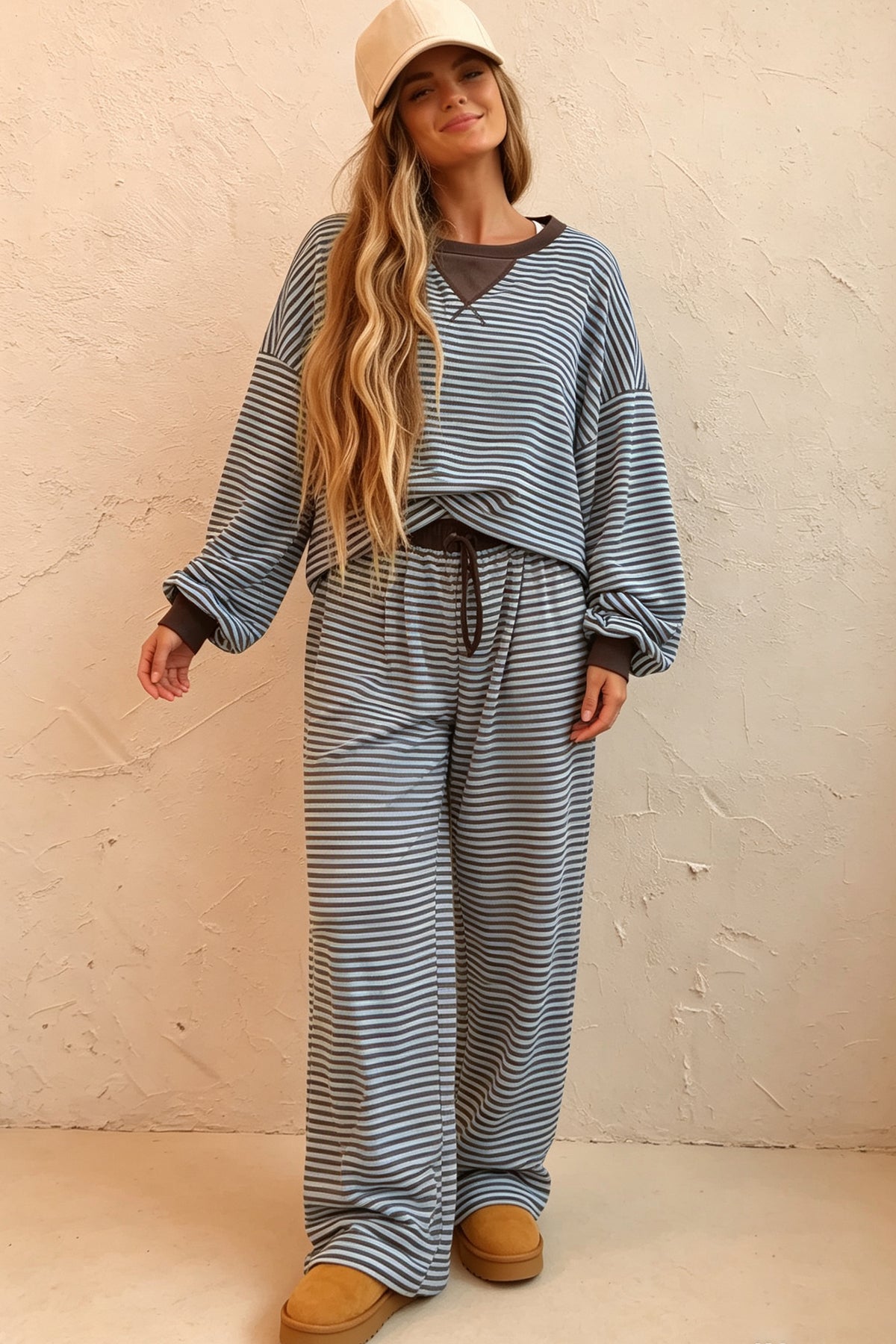 Women's Brown Stripe Drop Shoulder Top & Pants Two-Piece Set