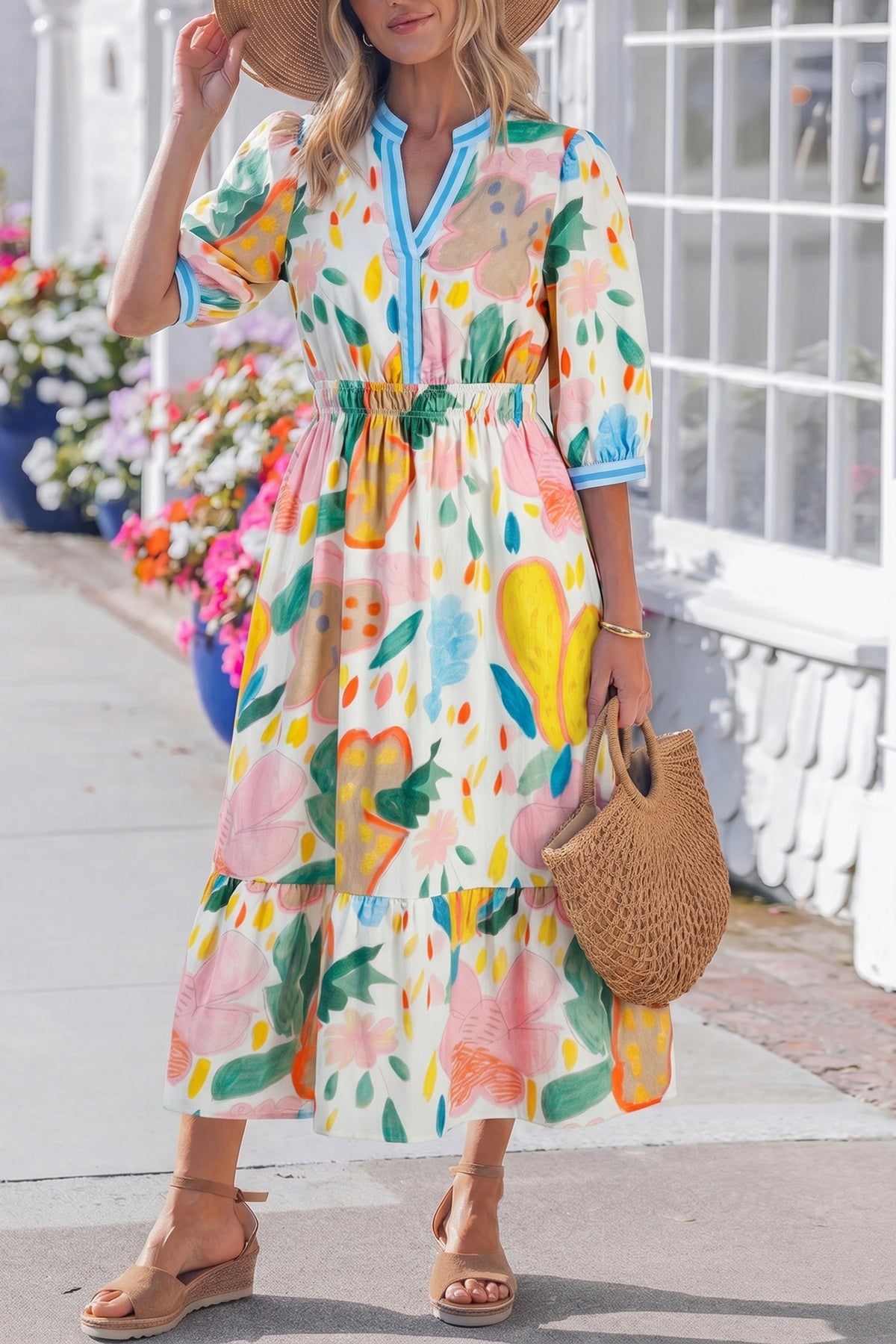 Multicolour Floral V-Neck Midi Dress