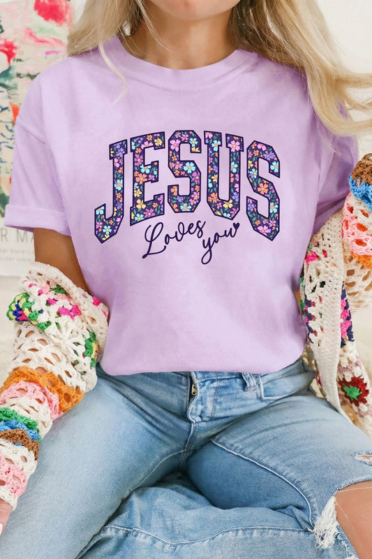 Orchid Petal Christian Floral Letter Graphic Round Neck T-Shirt