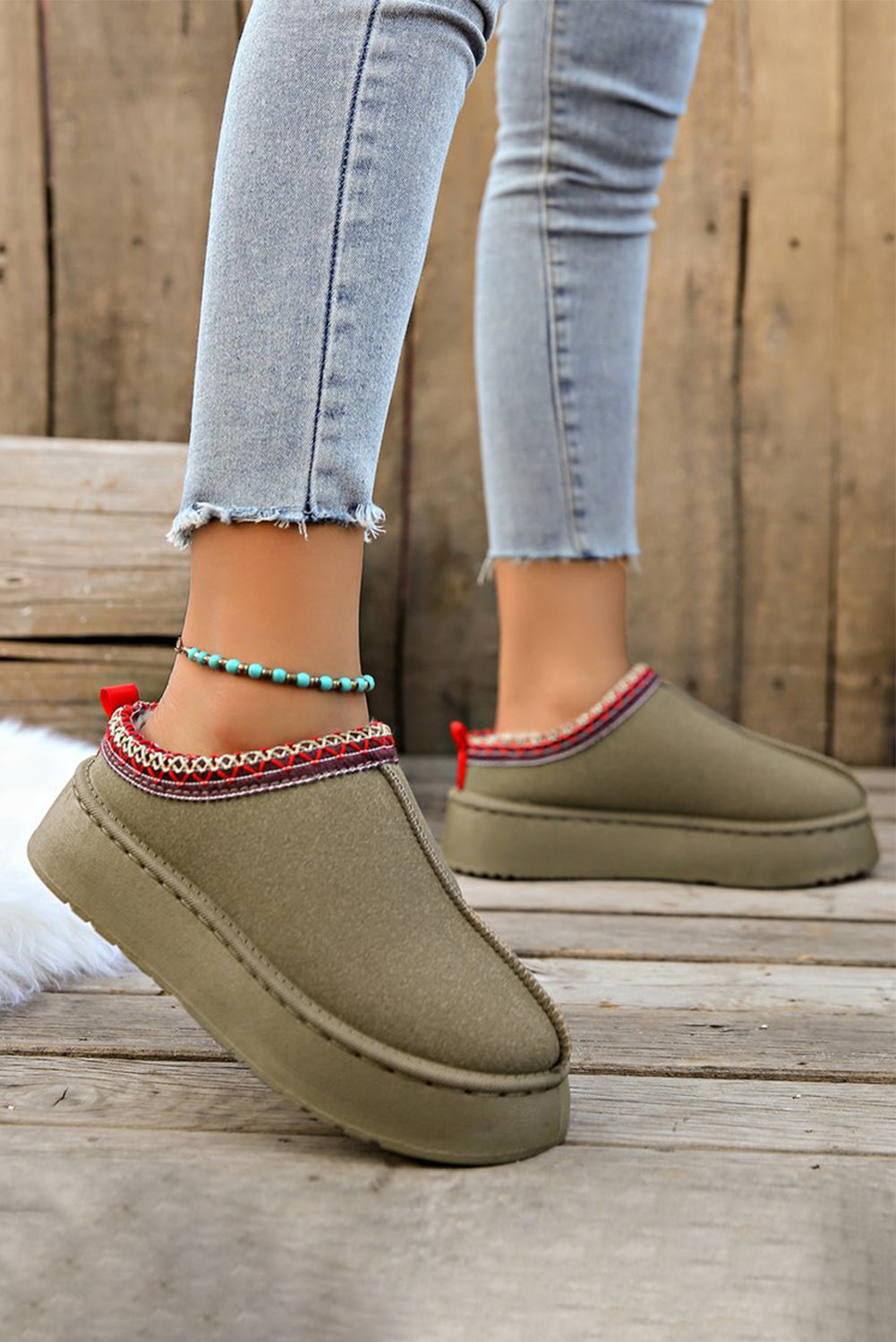 Chestnut Faux Suede Embroidered Plush Lined Platform Slippers