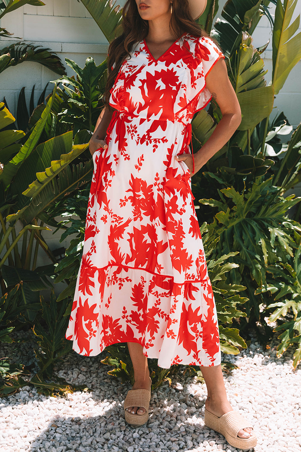 Red Floral Ruffle V-Neck Maxi Dress