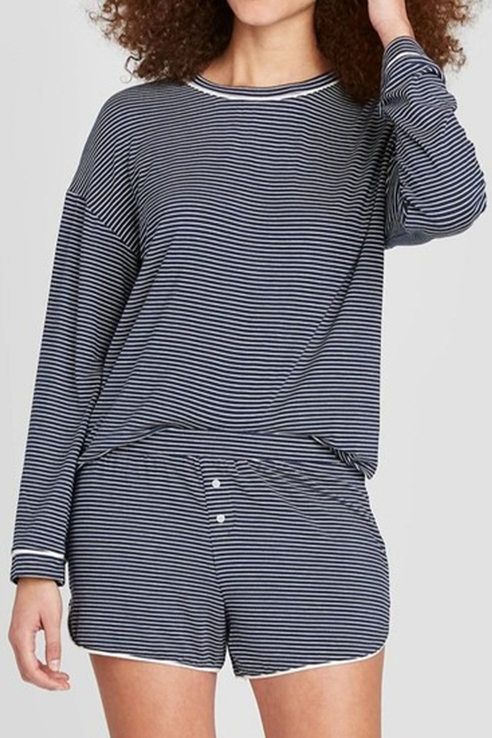 Blue Stripe Long Sleeve Tee and Buttoned Shorts Lounge Set