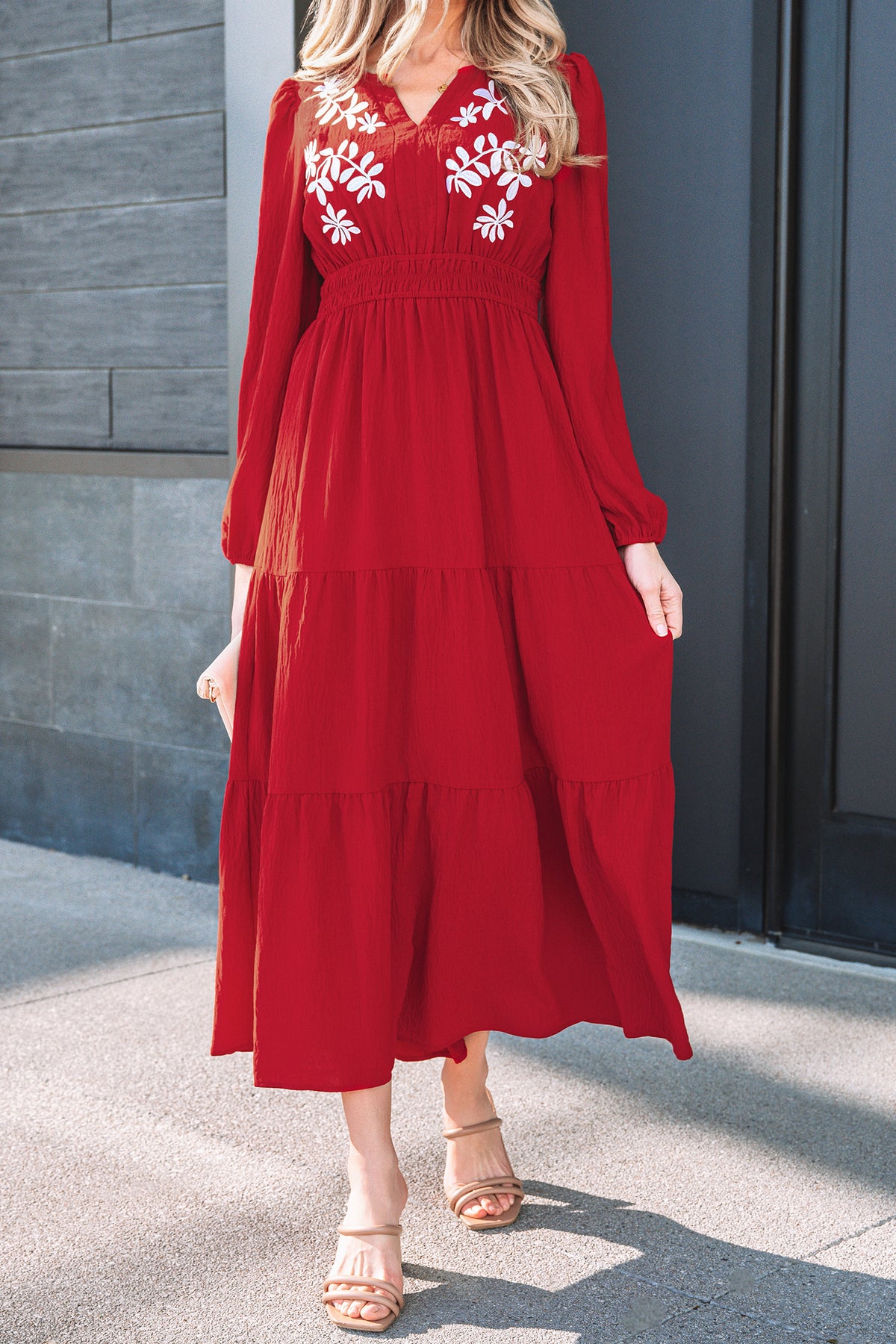 Racing Red Embroidered Cinched Waist Tiered Long Sleeve Maxi Dress