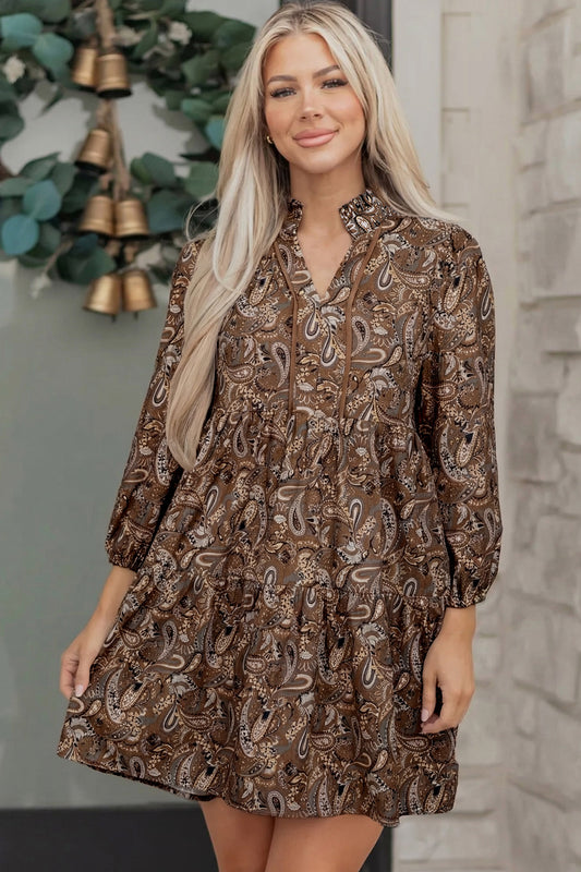 Brown Paisley Print Half Buttons Puff Sleeve Flowy Short Dress