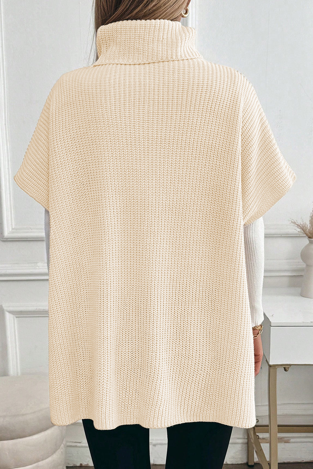 Jet Stream Plain Knit Turtleneck Short Sleeve Tunic Sweater with Pockets