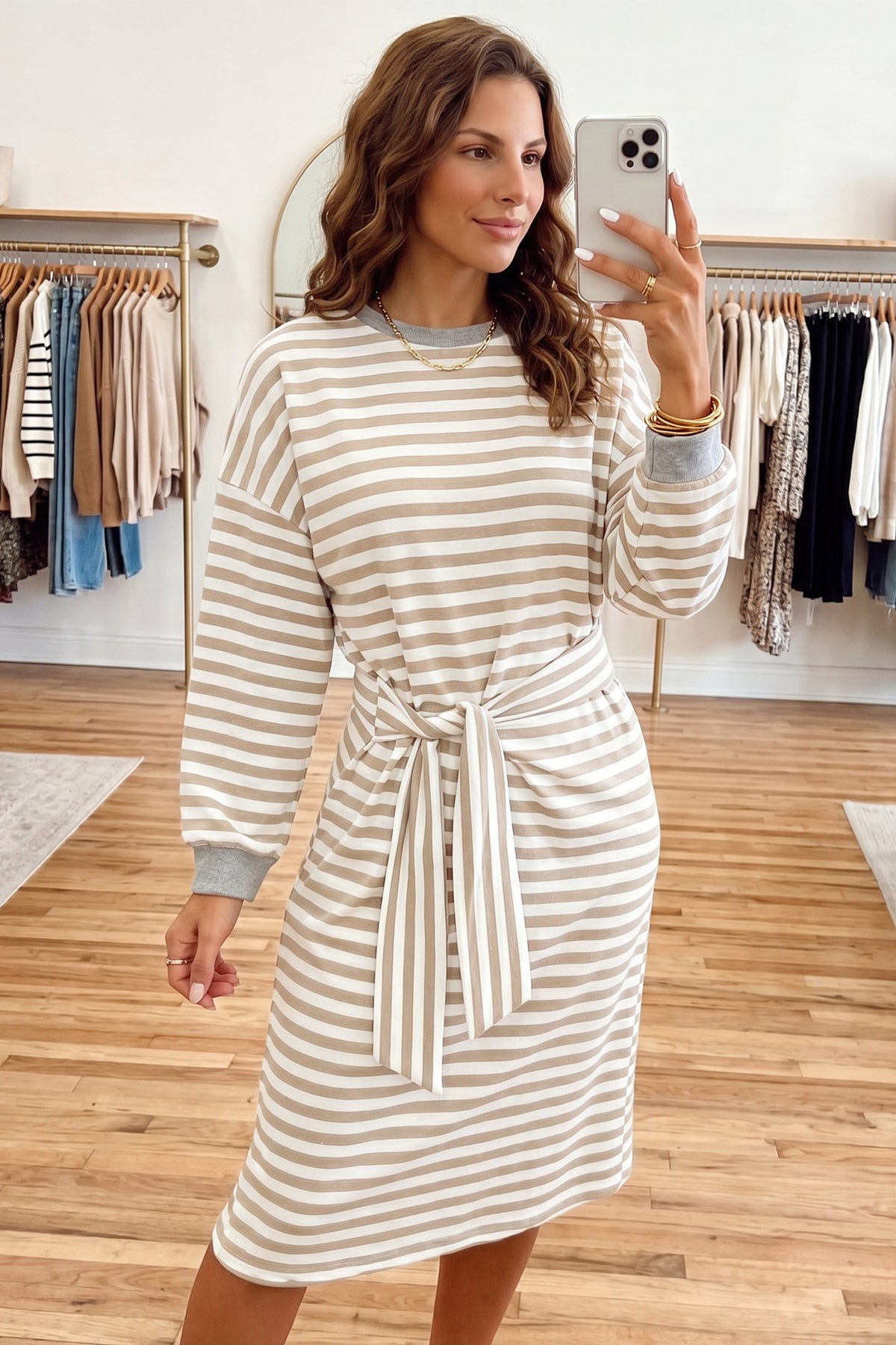 Brown Stripe Colorblock Cuffs Long Sleeve Shift Dress