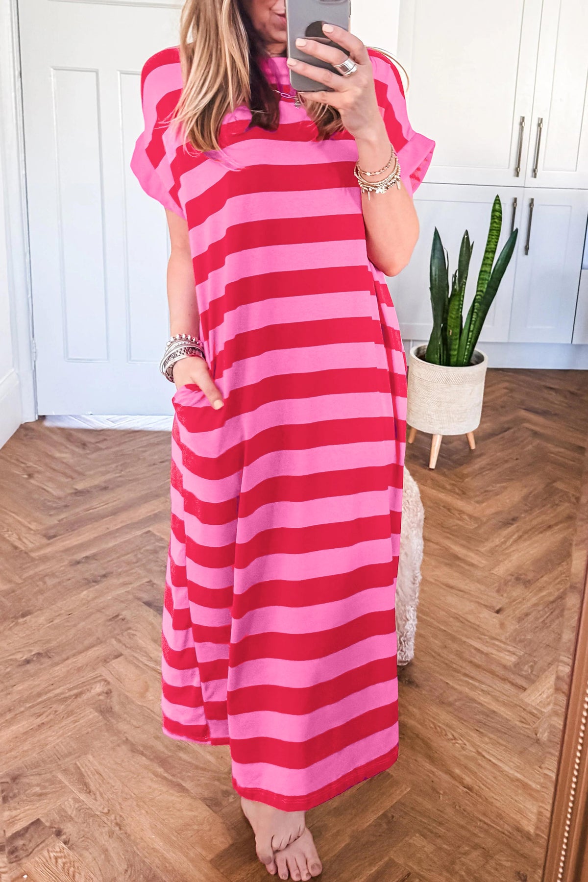 Rose Stripe Cuffed Short Sleeve Pocketed T-Shirt Long Dress