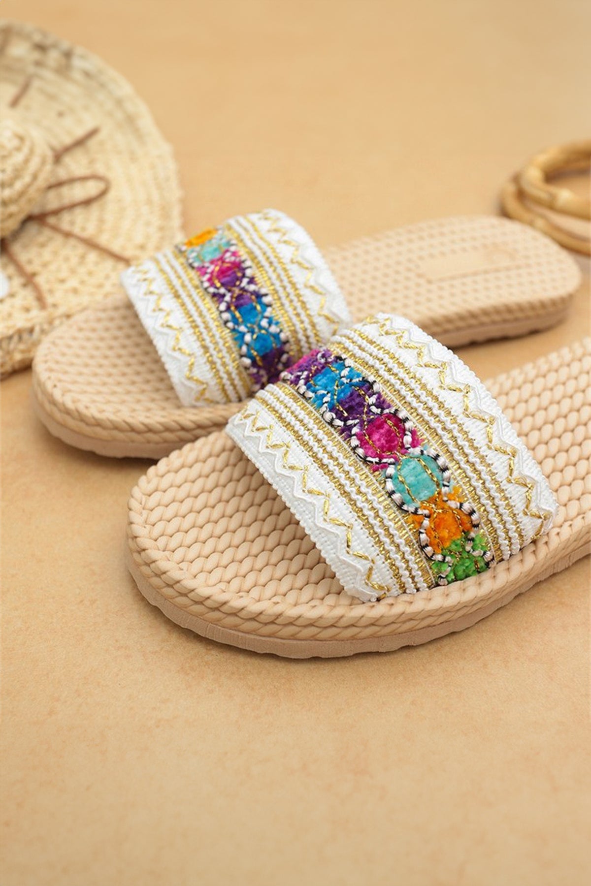 Parchment Bohemian Vacation Woven Colorful Wide Band Sandals