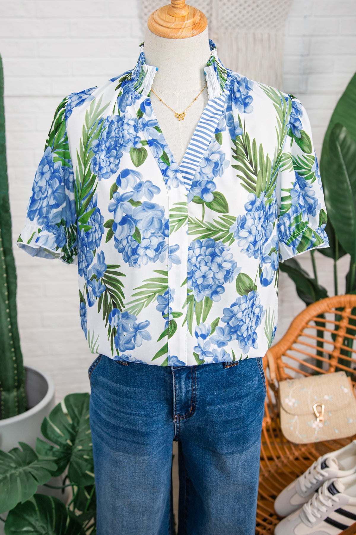 Sky Blue Palm Floral Striped Patchwork V Neck Short Sleeve Blouse