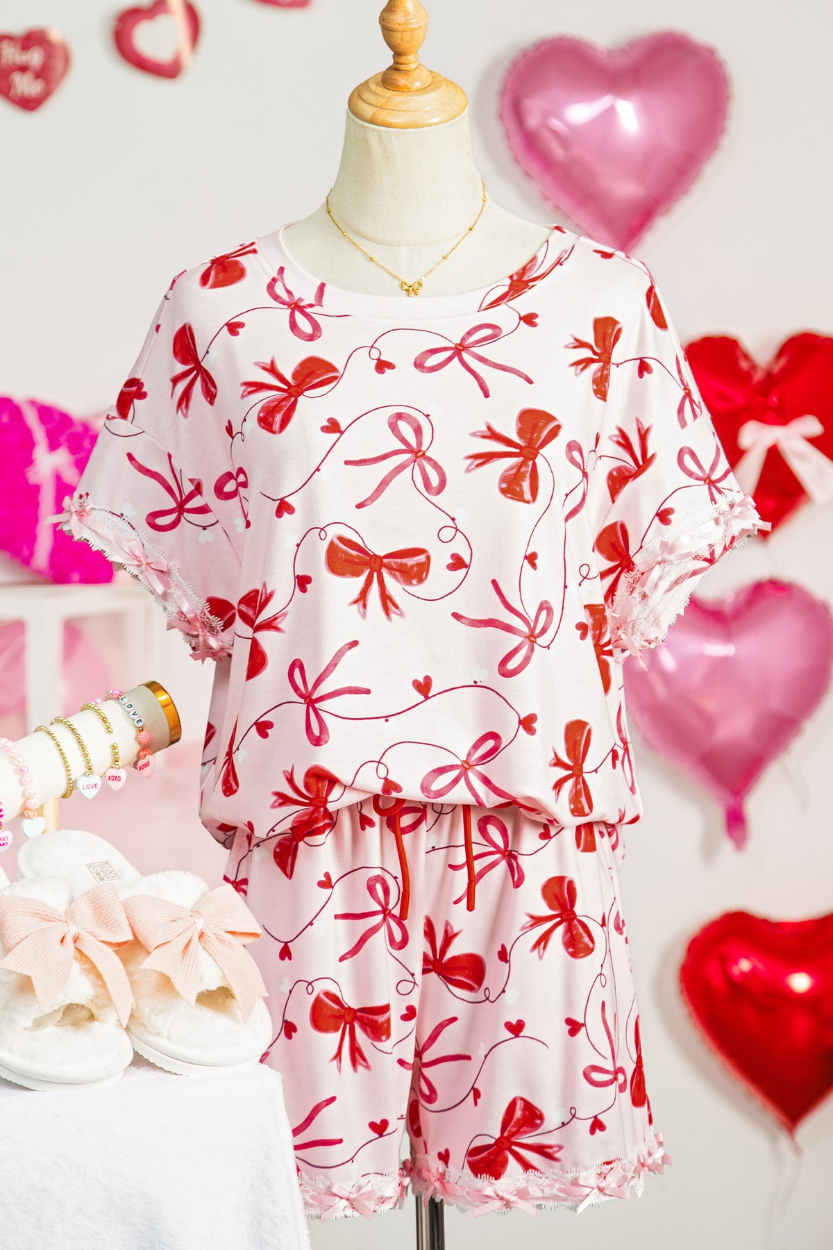 Red Romantic Bow Print Loose Tee Drawstring Shorts Lounge Set