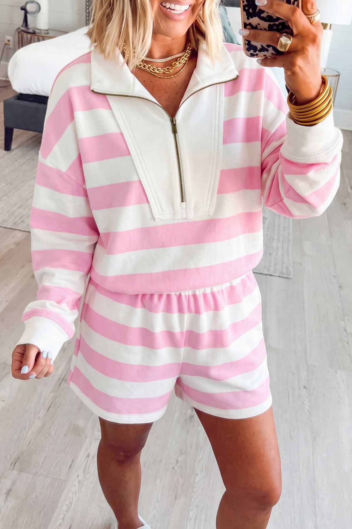 Women's Pink Stripe Patchwork Zipper Pullover Elastic Waist Shorts Two-Piece Set