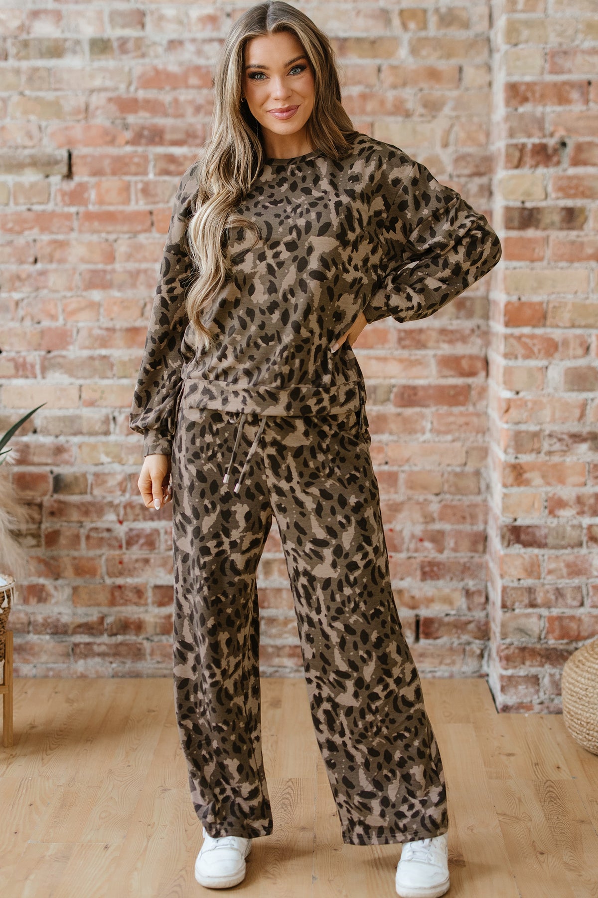 Women's Brown Leopard Print Raw Seam Patchwork Pullover Pants Two-Piece Set