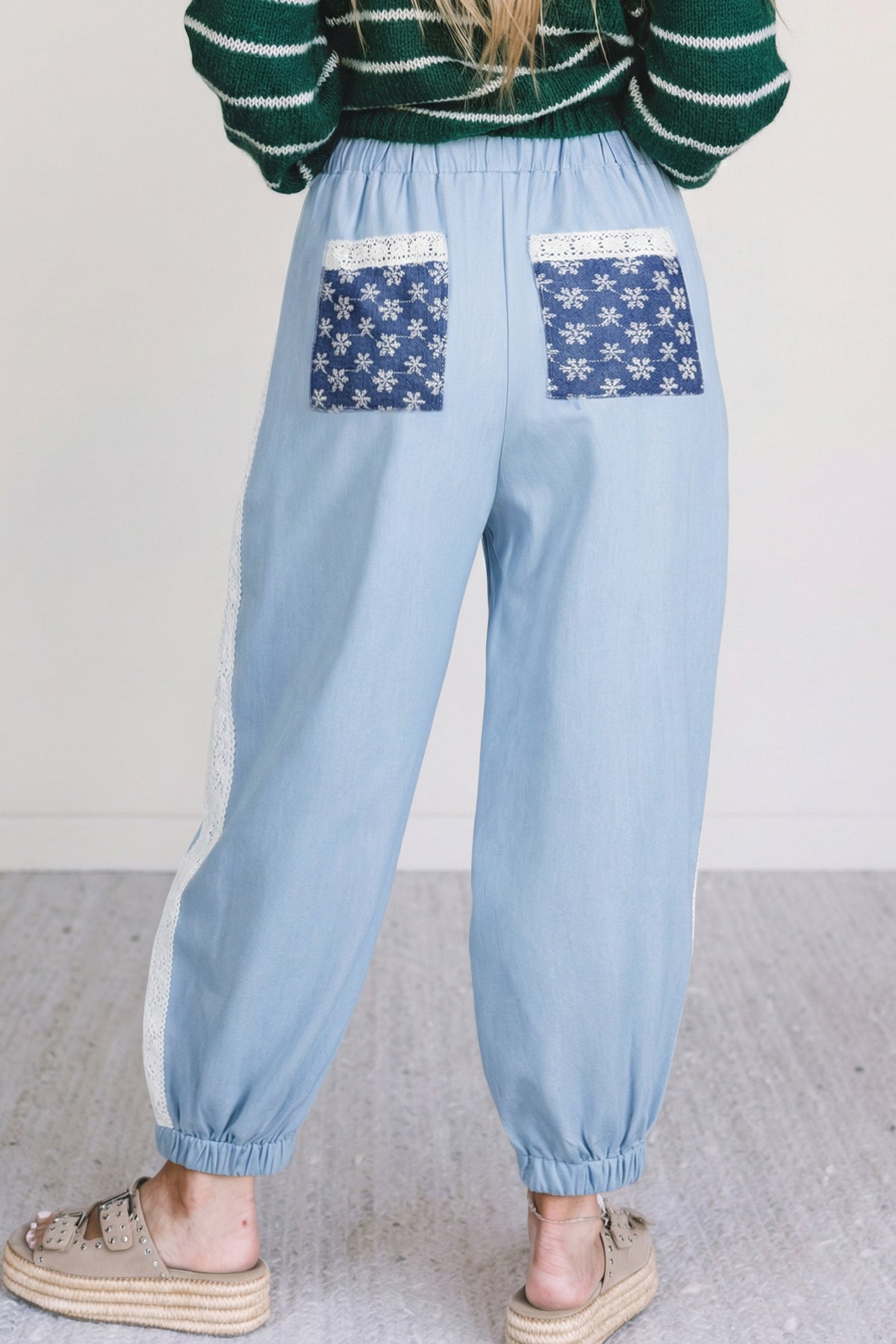 Beau Blue Lace Accent Floral Patched Pocket Pleated Wide Leg Pants