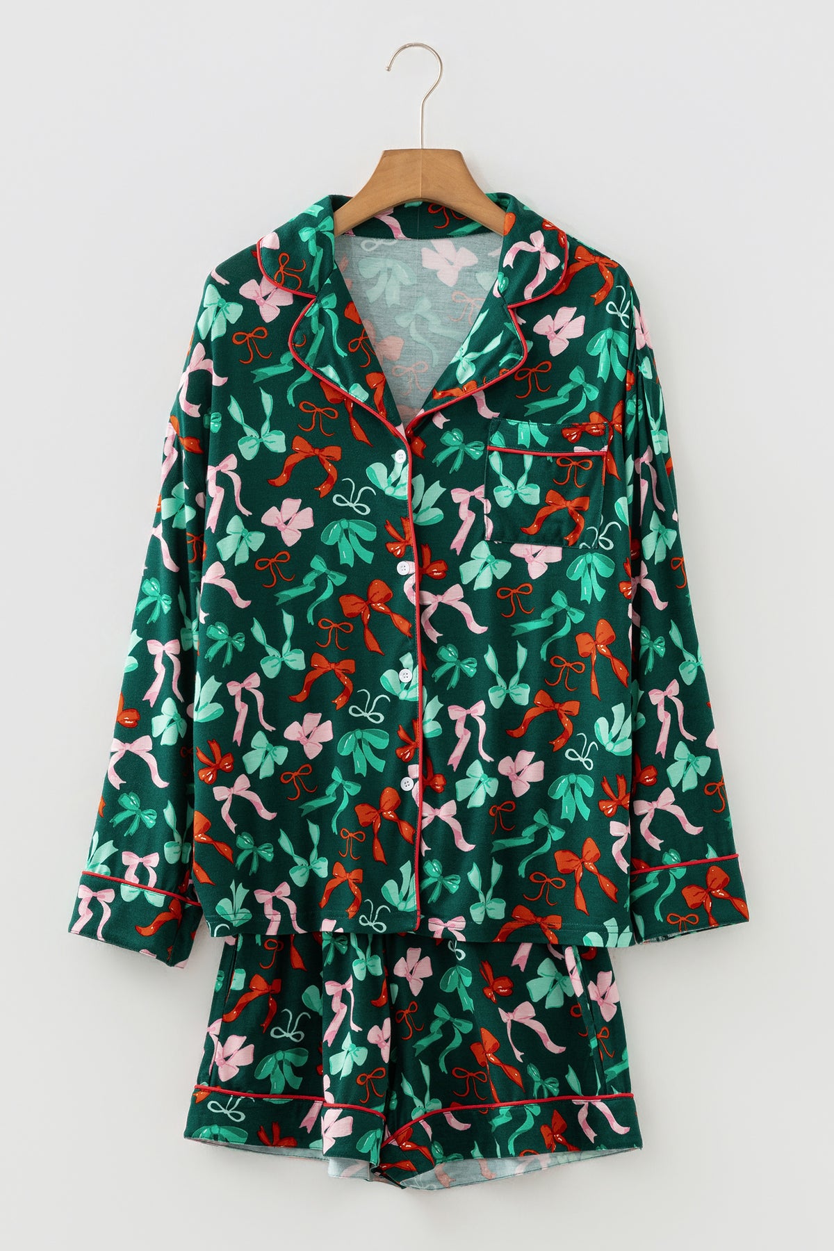 Green Festive Bow Print Long Sleeve Shirt and Shorts Pajama Set