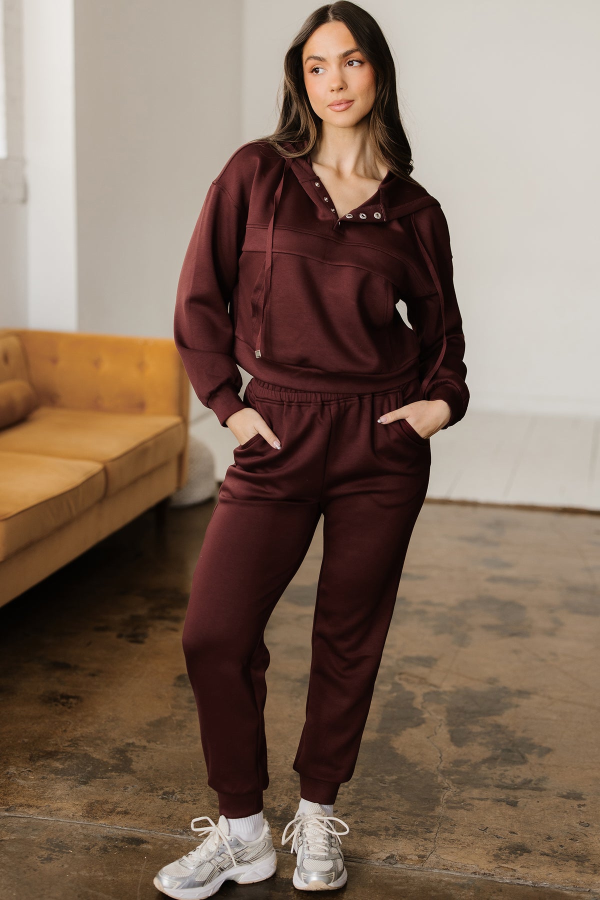 Women's Chicory Coffee Button Cropped Hoodie Jogger Two-Piece Set