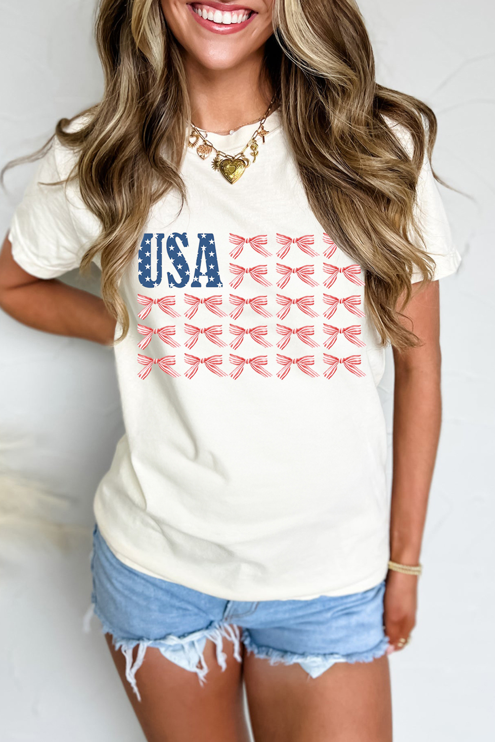 White USA Flag Bow Knot Print Round Neck T-Shirt