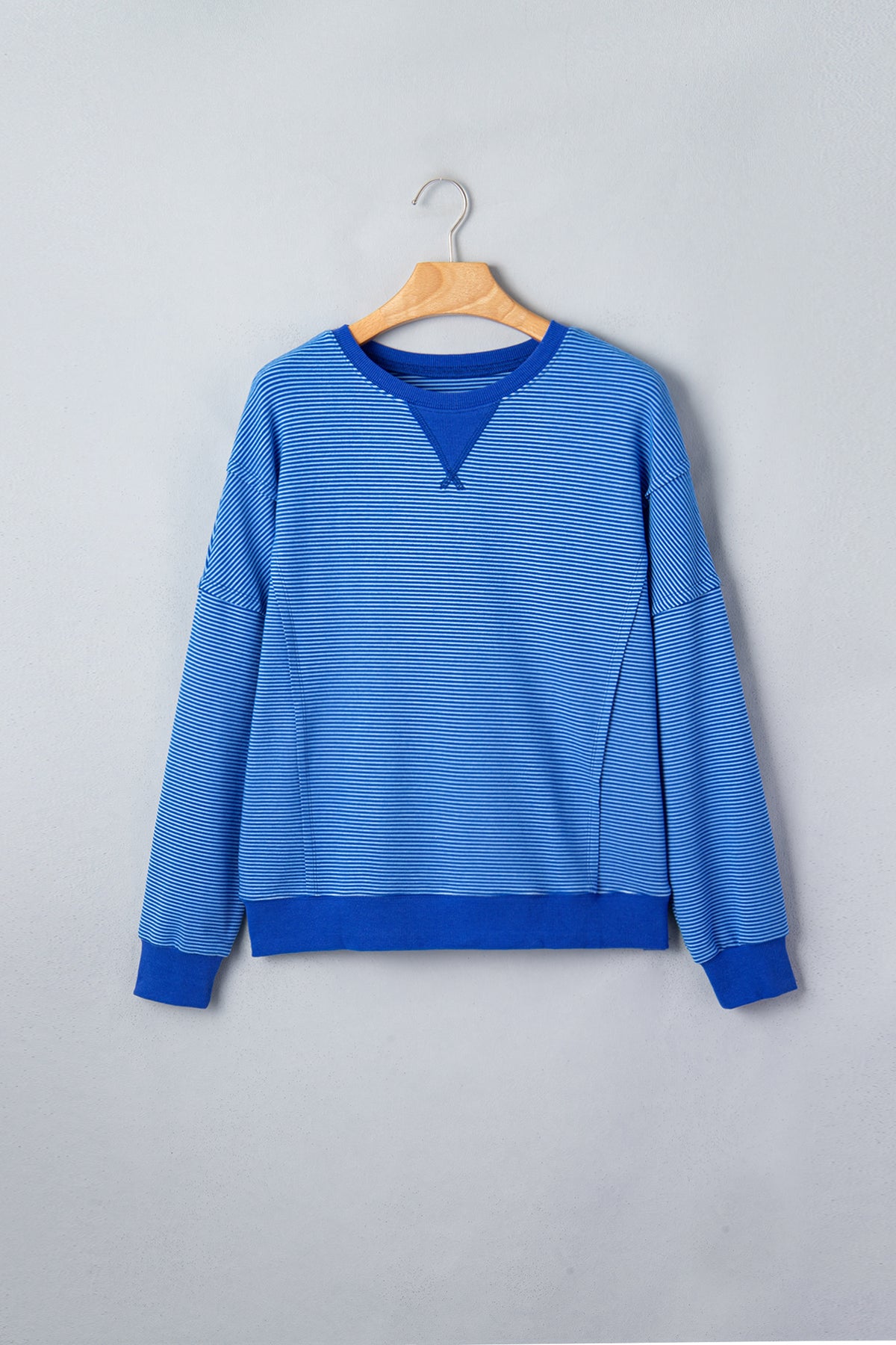 Blue Stripe Ribbed Cuffs Hem Pullover Top