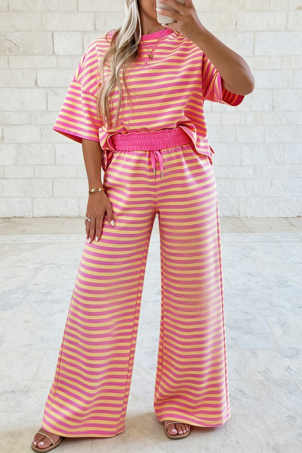 Women's Yellow Stripe Colorblock Trim Crewneck Loose Tee Drawstring Elastic Waist Two-Piece Pants Set