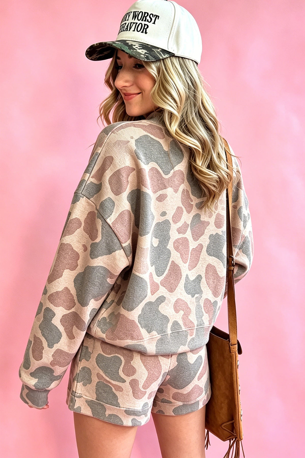 Women's Multicolour Howdy Camouflage High-Neck Long-Sleeve Top and Shorts Set