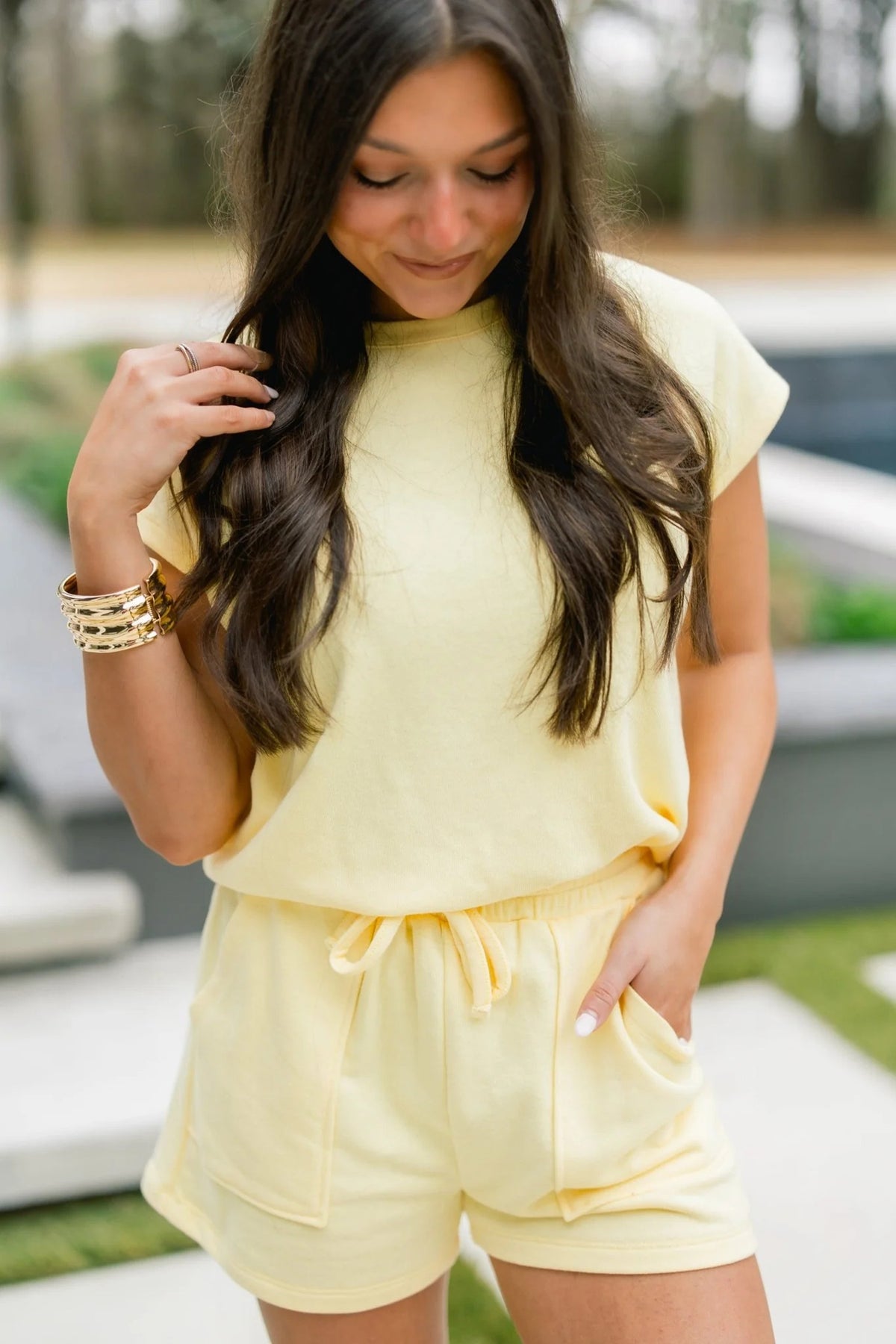 Women's Yellow Cream Tee Drawstring Shorts Comfy Two-Piece Set
