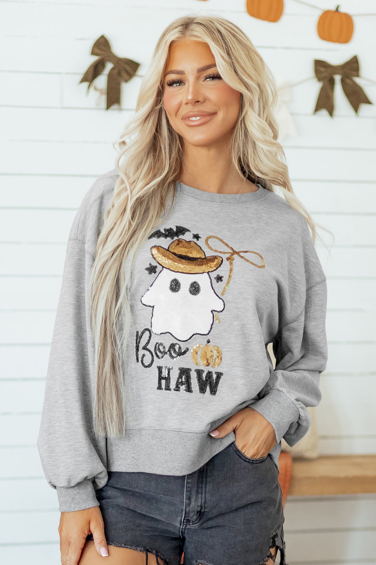 Medium Grey Sequin Western Ghost Print Round Neck Sweatshirt