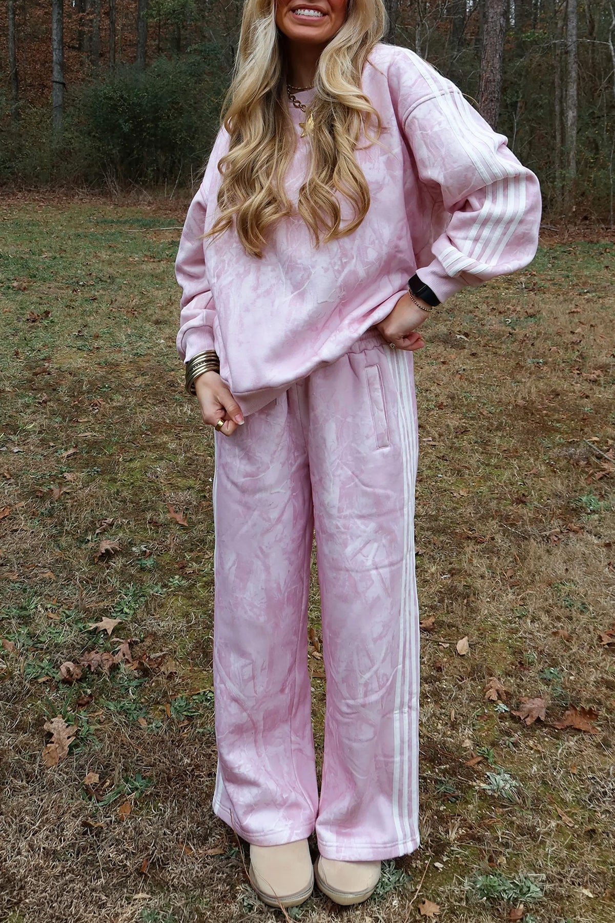Pink Abstract Print Side Stripe Detail Long Sleeve Top Pants Set