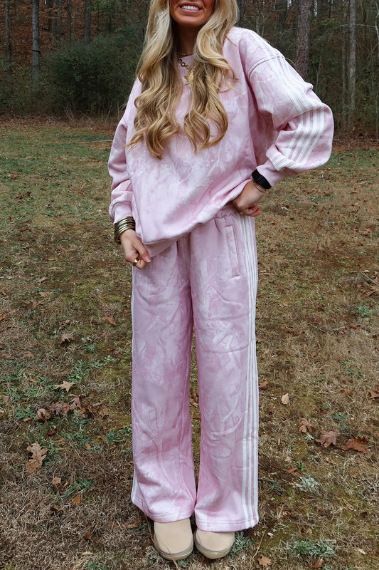 Pink Abstract Print Side Stripe Detail Long Sleeve Top Pants Set
