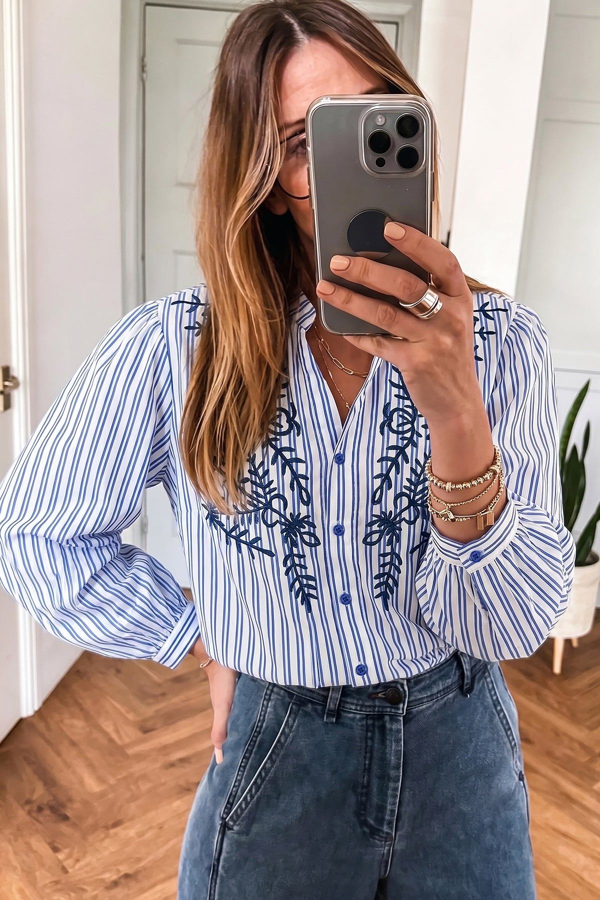 Blue Stripe Embroidered Button Front Shirt