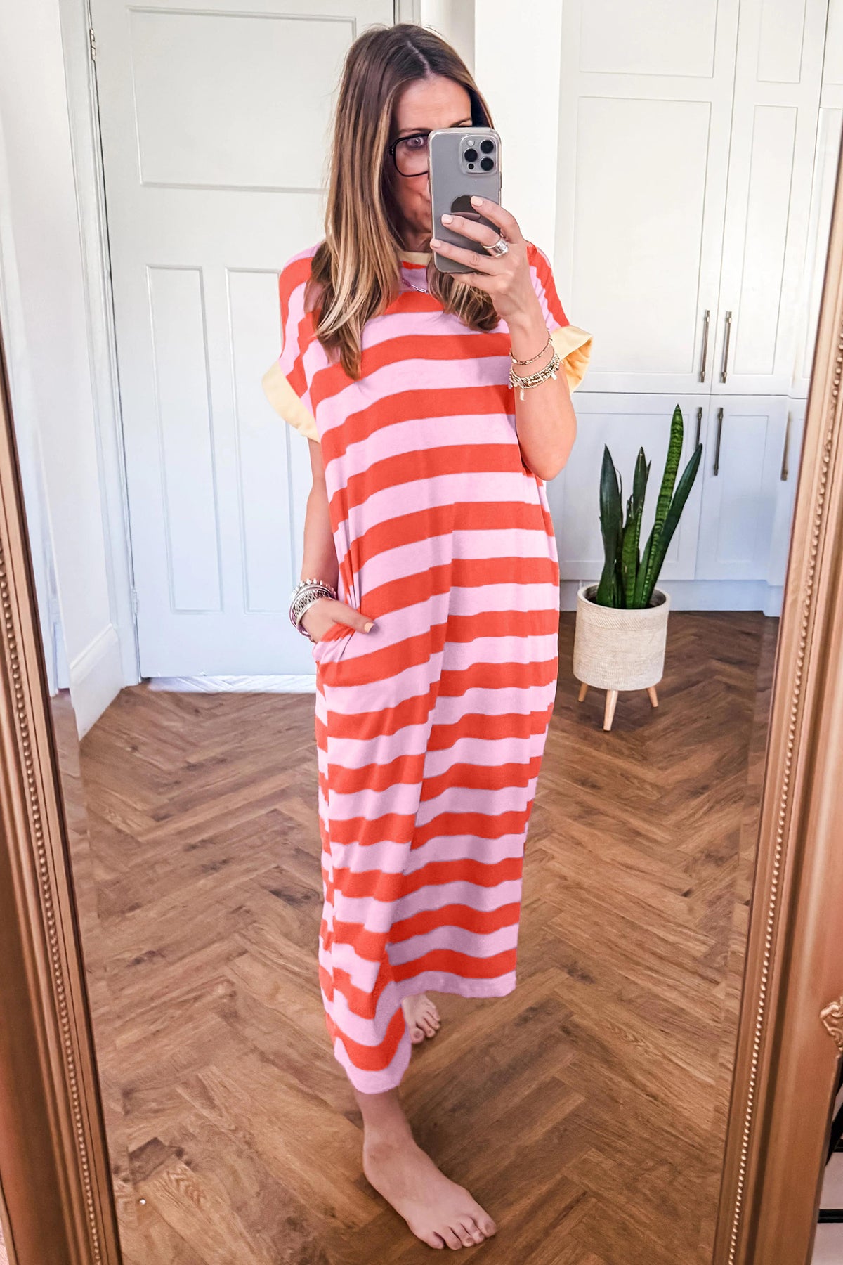 Rose Stripe Cuffed Short Sleeve Pocketed T-Shirt Long Dress