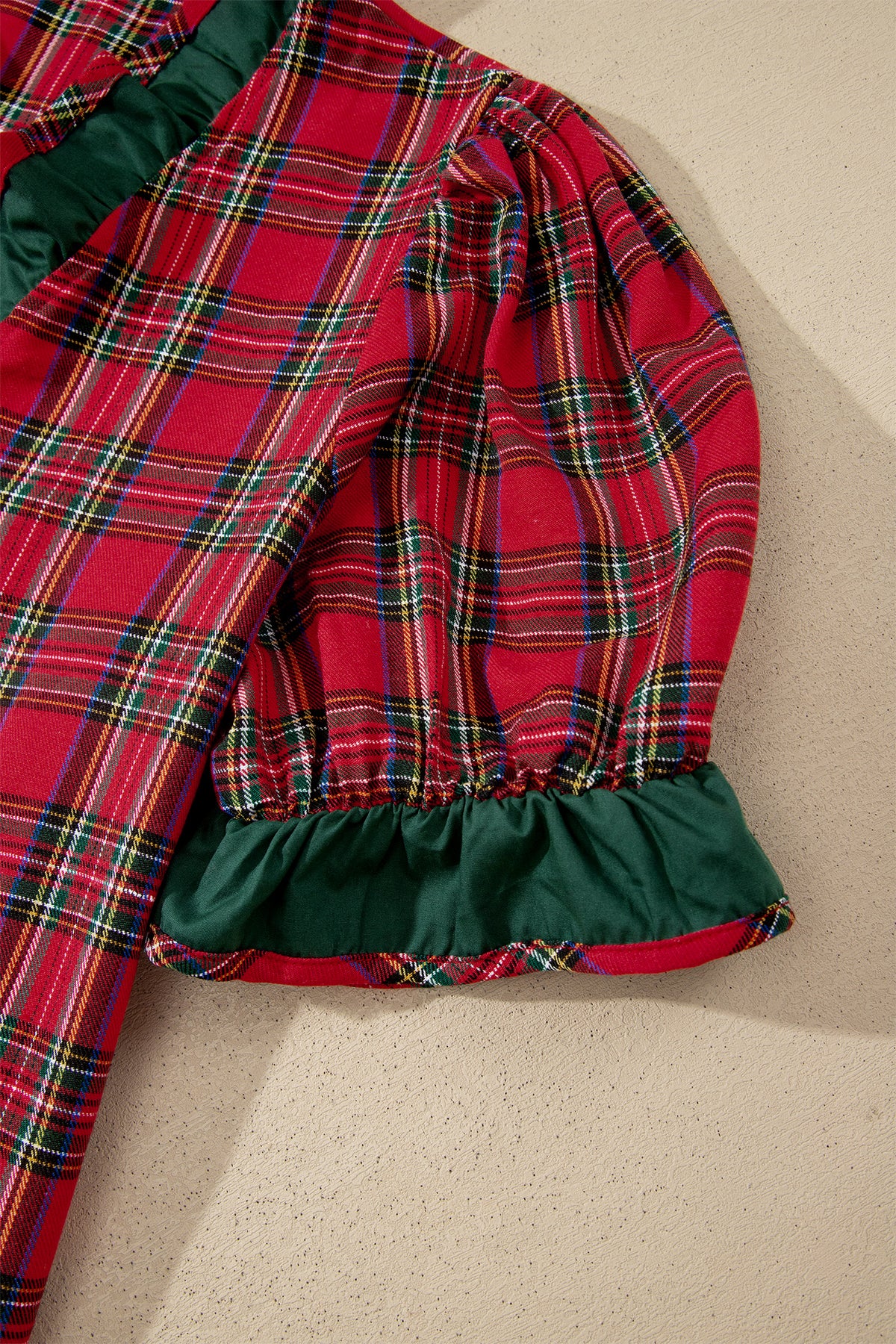 Red Plaid V Neck Ruffle Color Block Short Sleeve Shirt