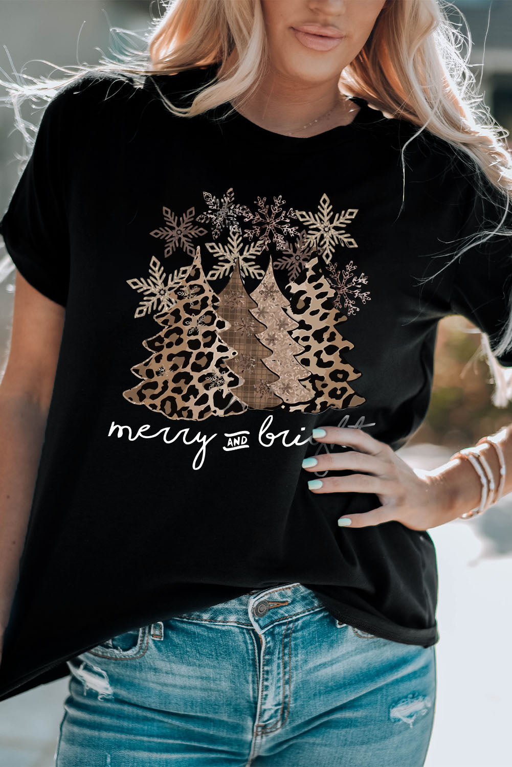 Black Leopard Christmas Tree Graphic Crew Neck T-Shirt