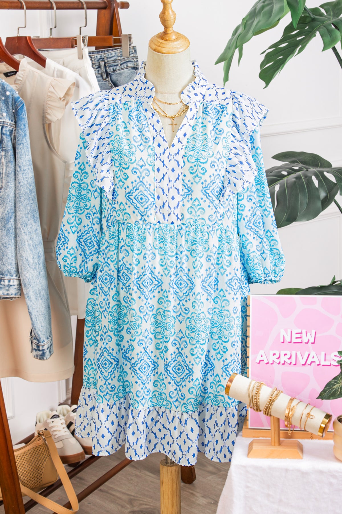 Sky Blue Boho Floral Geometric Patchwork Ruffle Puff Sleeve Mini Dress