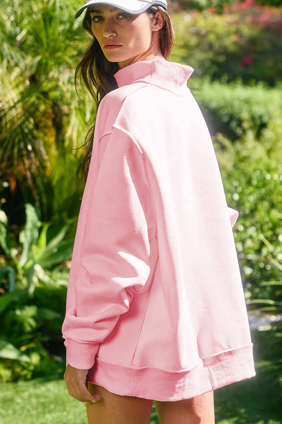 Women's Light Pink High-Neck Exposed Seam Drop Shoulder Baggy Pullover Shorts Set
