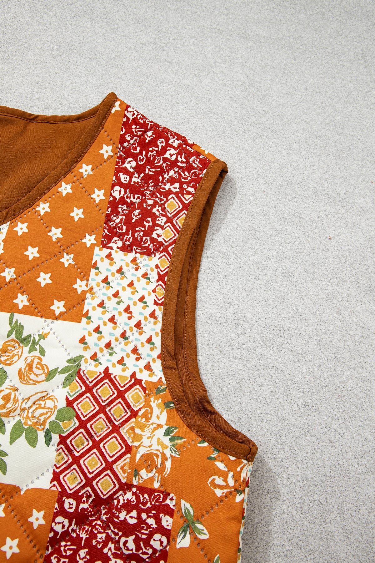 Golden Fleece Quilted Floral Patchwork V Neck Button Vest