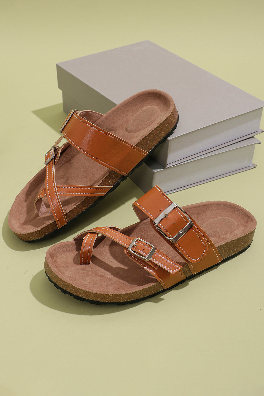 Camel Suede Adjustable Strap Toe Ring Outdoor Sandals